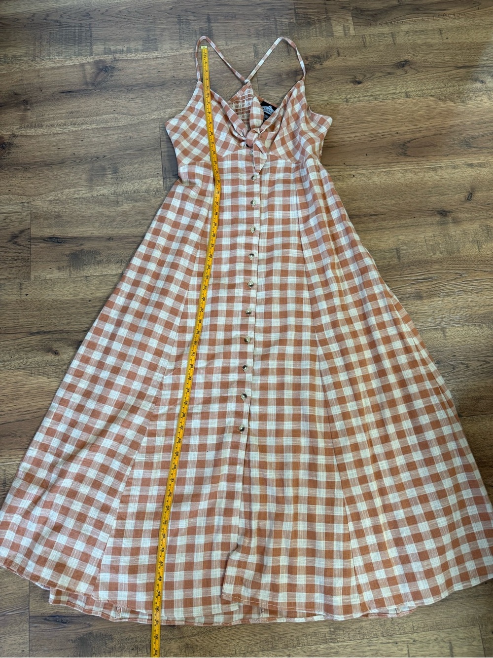 ANGIE  Rust and Cream Plaid Maxi Dress with Front Tie V-Neck Button Cotton M. - Picture 3 of 13